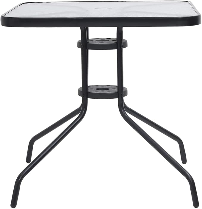 vidaXL Patio Table, Outdoor Dining Table with Glass Top, Garden Table for Front Porch Deck Lawn Backyard Balcony, Modern Style, Black Steel
