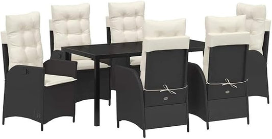 Afuera Living 7-Piece Poly Rattan Patio Dining Set with Cushions, Black Finish, Sleek Glass Tabletop, Modern Outdoor Furniture, Durable Steel Frame, Seating for 6, Garden or Backyard Use