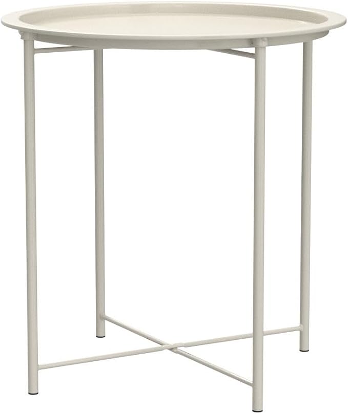 VECELO Side/End Table, Folding Round Metal Anti-Rust and Waterproof Outdoor or Indoor Tray for Living Room Bedroom Balcony and Office, 2 PCS, Beige