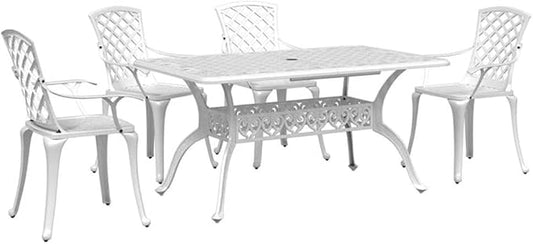 Afuera Living 5 Piece Garden Dining Set, Powder-Coated Cast Aluminum, White Finish, Outdoor Patio Table with Umbrella Hole and 4 Chairs, Modern Industrial Style for Garden or Terrace