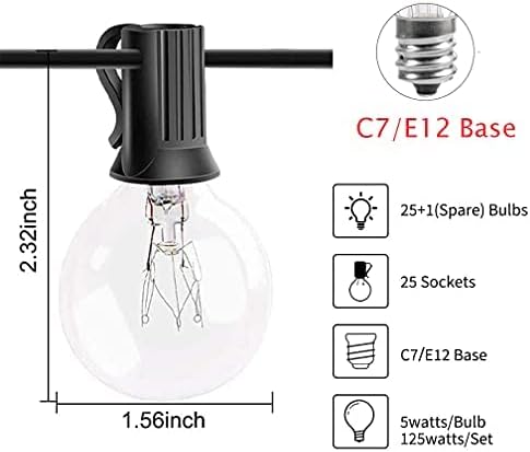 GOOTHY G40 Outdoor Globe String Lights, 25ft Hanging Patio Lights with 27 Incandescent Bulbs (2 Spare), Connectable Backyard Bistro Wedding Decor, E12 Base, 5W-Black Wire