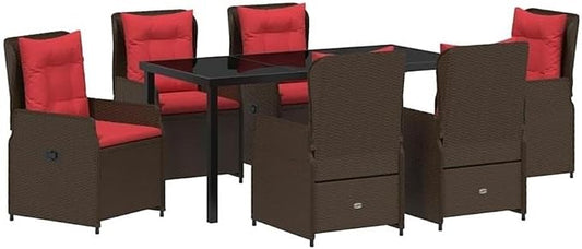 Afuera Living 7 Piece Poly Rattan Patio Dining Set, Brown Finish, Weather-Resistant Material, Powder-Coated Steel Frame, Adjustable Armrests, Seating for 6, Modern Outdoor Garden or Poolside Furniture