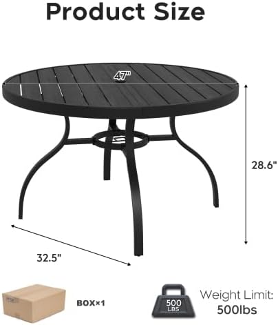 47" Round Faux Wood Patio Table with Umbrella Hole – Realistic Wood Grain Slat Top, Rust-Resistant Metal Legs, Outdoor Dining Table for 6 for Patio Deck Backyard, Black