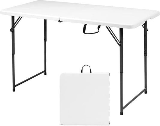 TANGZON 4FT Folding Picnic Table, 3 Adjustable Heights Camping Table with Carry Handle, Indoor Outdoor Dining Table for BBQ Catering Buffet Party, 150KG Capacity (Black Feet, 122 x 61 x 46/60/74cm)