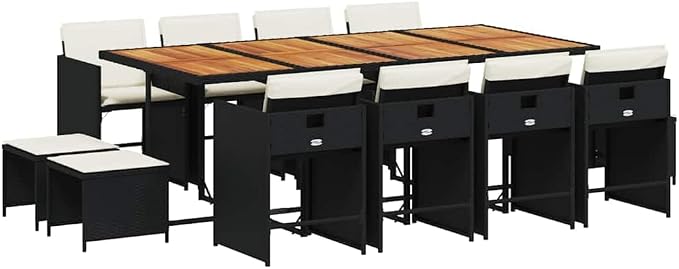 13 Piece Garden Dining Set with Cushions Black Poly Rattan Outdoor Patio Furniture Table Chairs Stools Space Saving Folding Backrest UV Resistant Acacia Wood Top Cream White Seat Pads for Backyard