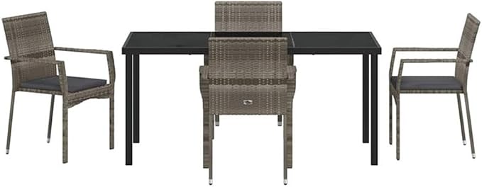 Afuera Living 5 Piece Poly Rattan Patio Dining Set with Cushions, Gray Finish, Tempered Glass Top, Weather-Resistant, Modern Outdoor Seating for Garden or Patio, Seating Capacity 4, Lightweight