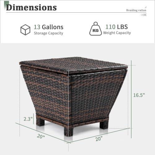 Outdoor Table with Storage, 13 Gallon Wicker Small Outdoor Storage Box Patio Side Tables for Outside Porch Poolside Deck Garden， Brown