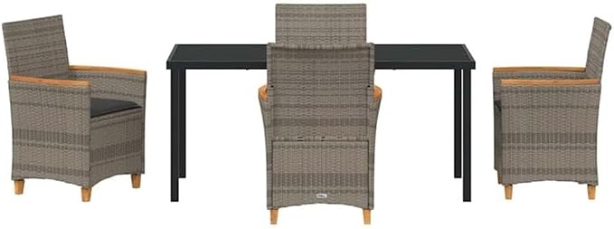 Afuera Living Contemporary 5-Piece Patio Dining Set, Poly Rattan and Steel, Gray Finish, Glass Tabletop, Weather-Resistant, Seating for 4, UV-Resistant, Modern Outdoor Garden or Terrace Furniture