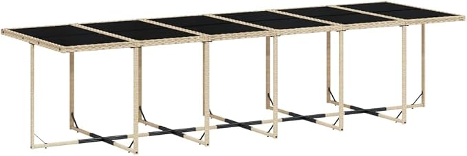 13 Piece Patio Dining Set with Cushions Beige Poly Rattan Outdoor Table and 12 Chairs for Backyard Garden Seating Space-Saving Foldable Furniture with Tempered Glass Top