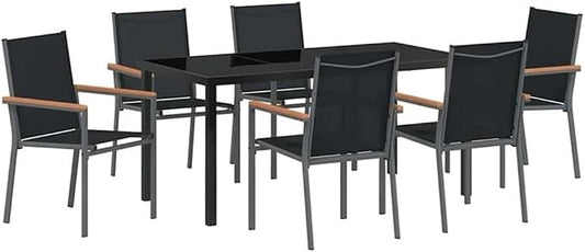Afuera Living 7-Piece Powder-Coated Steel Patio Dining Set, Black Finish, UV-Resistant Textilene Mesh Chairs, Durable Weather-Resistant Outdoor Furniture for Garden, Terrace, or Patio Seating