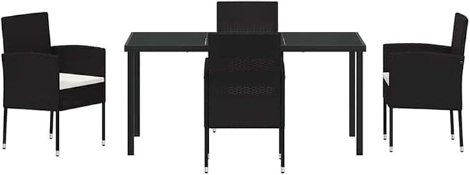 Afuera Living 5 Piece Poly Rattan Garden Dining Set, Black Finish, Tempered Glass Table, Cushioned Chairs, UV-Resistant Rattan, Lightweight Steel Frame, Outdoor Patio Dining Furniture for Garden or