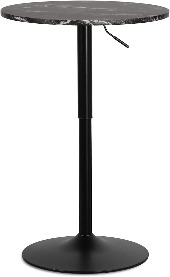 MoNiBloom Round High Top Table, 27.5"- 36" Height-Adjustable Bar Table with Black Marble Texture Top and Black Base, 360° Swivel Cocktail Bar Table Modern Style for Home Kitchen Balcony
