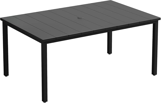 VICLLAX 63" Rectangle Outdoor Dining Table for 6, Patio Table with Umbrella Hole, All Weather Metal Patio Tables, Black Tabletop