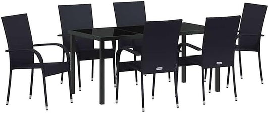 Afuera Living 7 Piece Poly Rattan Patio Dining Set, Black Finish, Powder-Coated Steel Frame, Seating for 6, Weather-Resistant Outdoor Furniture, Rectangular Design for Garden, Balcony, or Backyard Use