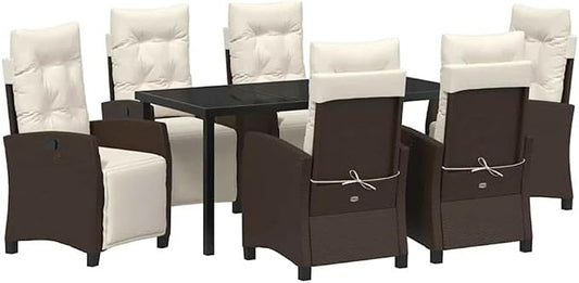 Afuera Living 7-Piece Poly Rattan Garden Dining Set, Brown Woven Texture, Glass Topped Table with Steel Legs, Cushioned Chairs with Adjustable Backrest, Modern Outdoor Patio Furniture, Seats 6