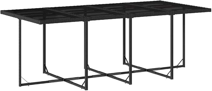 9 Piece Patio Dining Set with Cushions Black Poly Rattan Outdoor Furniture Table and 8 Chairs for Garden Backyard, UV-Proof Tempered Glass Tabletop, Foldable Removable Washable Seat Pads