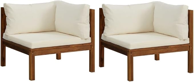 2 pcs Corner Sofas with Cream White Cushions, Solid Acacia Wood Outdoor & Indoor Garden Corner Chair with Sofa Cushion, Outdoor Conversation Set Sectional Sofa,-418