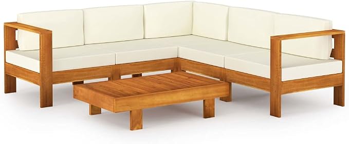 6 Piece Patio Lounge Set with Cream White Cushions,Outdoor Couch,Patio Bar Set,Modern Outdoor Furniture,Dining Bench with Back,Bistro Set,for Patio Deck Garden,Backyard & Lawn,Acacia Wood