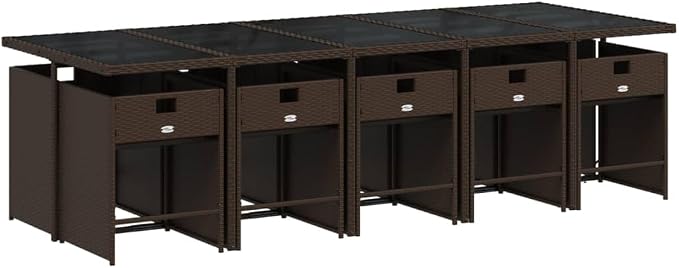 11 Piece Outdoor Dining Set for 10, Brown Poly Rattan Patio Furniture with Tempered Glass Table and Comfortable Cushioned Chairs, Space-Saving Cube Design