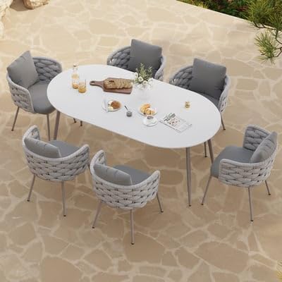 7-Piece Outdoor Dining Set - 70.9'' Sintered Stone Top Dining Table with 6 Rope Woven Armchairs, Aluminum Frame, and Cushions for Patio, Garden, and Outdoor Dining