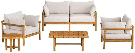 Modway Eleni 5-Piece Outdoor Teak Wood Patio Furniture Set in Natural Sail – Backyard Conversation Set with Loveseat, 2 Armchairs, Side Table, and Coffee Table