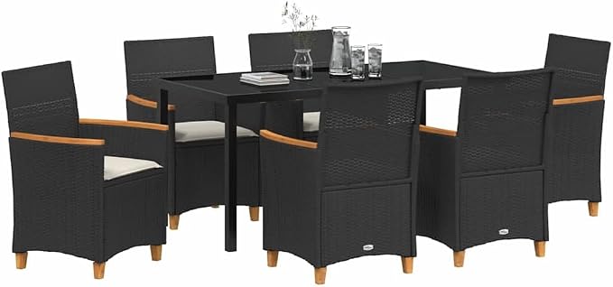 7 Piece Outdoor Dining Set, Black Poly Rattan Patio Furniture with Glass Tabletop, Rust Resistant Garden Seating for 6, Modern Terrace Backyard Table and Chair Group