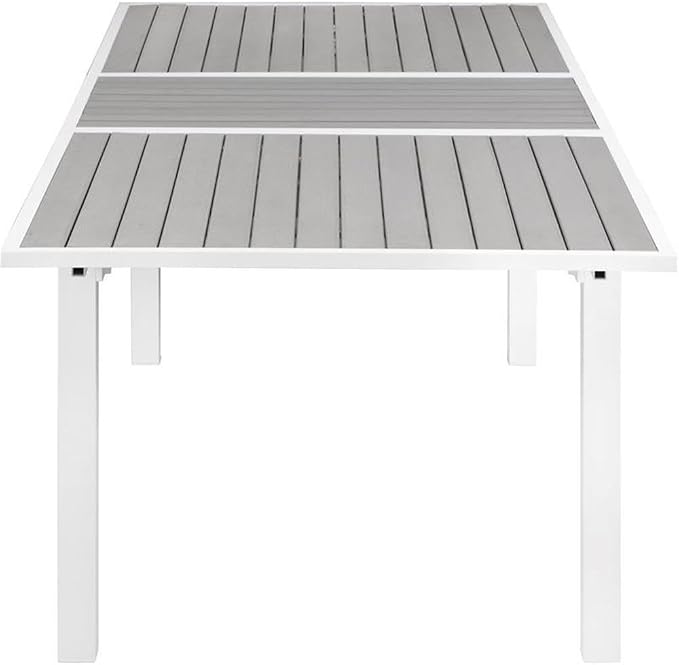 Pemberly Row Outdoor Extendable Patio Dining Table, 100.5" x 39" x 30", Gray Plastic Wood and White Aluminum, Contemporary Design, Includes Attachable Leaf, Ideal for Outdoor Entertaining