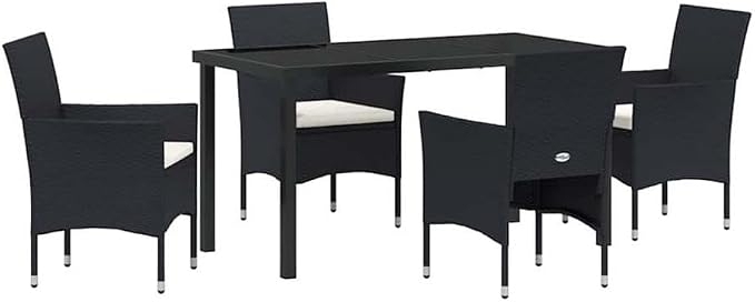 Afuera Living 5-Piece Poly Rattan Patio Dining Set, Black Finish, Weather-Resistant Cushions, Powder-Coated Steel Frame, Tempered Glass Table, Seating for 4, Modern Style Outdoor Furniture for Garden