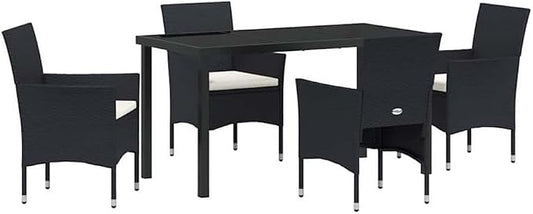 Afuera Living 5-Piece Poly Rattan Patio Dining Set, Black Finish, Weather-Resistant Cushions, Powder-Coated Steel Frame, Tempered Glass Table, Seating for 4, Modern Style Outdoor Furniture for Garden