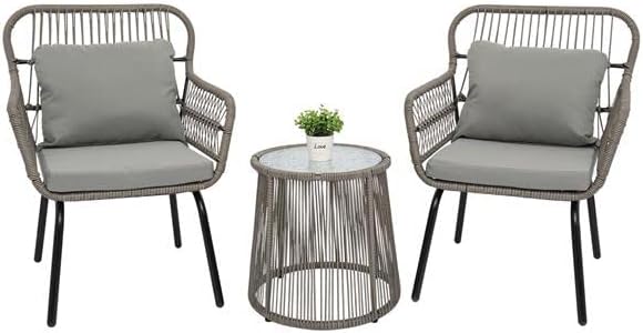 Guest Patio Wicker Conversation Bistro Set Great by The Pool Comfortable Rattan Chair Conversation Sets with Tempered Glass Table