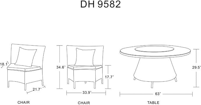 Manhattan Comfort Nightingdale 7 Piece Outdoor Dining Set with Round Glass Lazy Susan | Includes 6 Rattan Chairs, Water-Repellent Cushions and Toss Pillows, Patio Furniture, Black/Sky Blue/White
