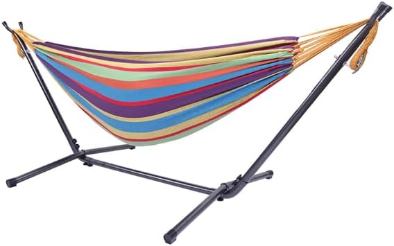 Double Hammock with Steel Stand for Outside,Portable Space Saving Heavy-Duty Steel Frame Hammock w/Portable Carrying Bag for Indoor Outdoor Patio Yard Camping,Easy Assembly,600 lbs Capacity (Rainbow)