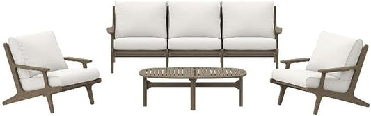 Modway Saratoga 4-Piece Teak Wood Outdoor Furniture Set in Weathered Gray White - Patio Conversation Set with Sofa, 2 Armchairs, and Coffee Table