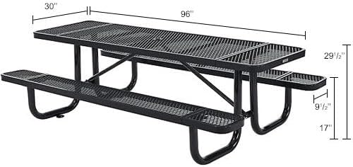 Global Industrial 8’L Rectangular Picnic Table, Expanded Metal, Black Thermoplastic Coating, Attached Benches, 1-1/2” Umbrella Pole Hole, Outdoor-Rated, 1000 lb Capacity, 96” x 30” Tabletop