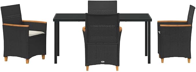 5 Piece Garden Dining Set, Outdoor Patio Furniture with 4 Chairs and Table, Modern Poly Rattan Seating with Cushions and Glass Top, Black