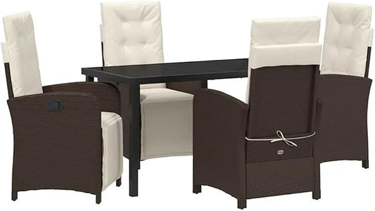 Afuera Living 5 Piece Poly Rattan Patio Dining Set, Brown Finish, Tempered Glass Top, Weather-Resistant, Ergonomic Cushions, Track Armrests, Sleek Design for Outdoor Garden or Patio Dining