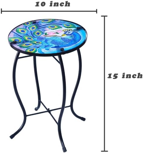 10 Inch Round Peacocks Glass Side Table, Patio Small Table, Outdoor Side Table, Outdoor Bar Table, Metal Glass End Table for Porch Garden Patio Pool Living Room