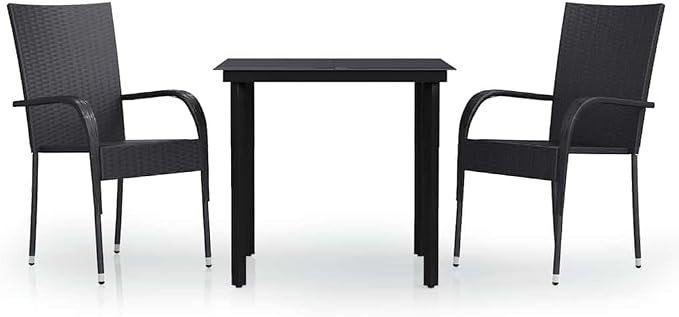 3 Piece Patio Dining Set Black Outdoor Rattan Dining Table with Glass Top and 2 Chairs, Powder-Coated Steel Frame Waterproof Furniture for Garden, Balcony, Backyard, Deck Entertaining