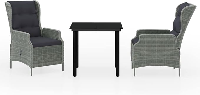 3 Piece Patio Dining Set Light Gray with Reclining Rattan Chairs, Outdoor Table and Cushions for Garden, Balcony, Deck, Modern Indoor-Outdoor Dining Furniture Set
