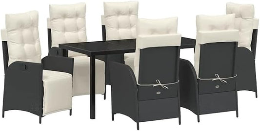Afuera Living 7 Piece Poly Rattan Patio Dining Set, Black Finish, Cushioned Seats, Adjustable Footrests, Tempered Glass Tabletop, Powder-Coated Steel Frame, Outdoor Garden or Terrace Seating