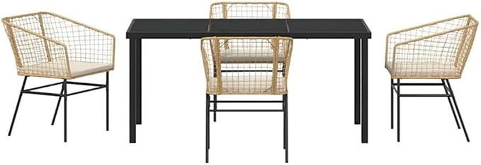 Afuera Living 5 Piece Poly Rattan Patio Dining Set, Brown Finish, Durable Powder-Coated Steel Frame, Easy-Clean Glass Tabletop, UV-Resistant, Outdoor Garden Furniture for 4-Person Seating
