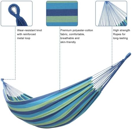 Bonnlo Brazilian Outdoor Hammock, Cotton Material, Extra Long and Wide, for Travel, Backyard, Porch and Indoor, with Portable Carrying Bag, Blue