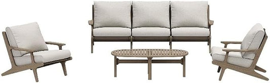 Modway Saratoga 4-Piece Teak Wood Outdoor Furniture Set in Weathered Gray Pebble - Patio Conversation Set with Sofa, 2 Armchairs, and Coffee Table