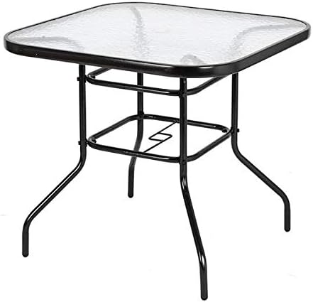 Outdoor Dining Table, Patio Bistro Tempered Glass Table Top with Umbrella Hole, Outside Banquet Furniture for Garden Pool Side Deck Lawn (Square)