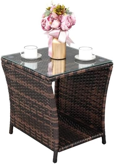 Generic Outdoor Patio Wicker Side Table, End Table with Glass Top Rattan Storage for Patio Courtyard Balcony - Brown, 18.1 x 18.1 x 19.5 inches