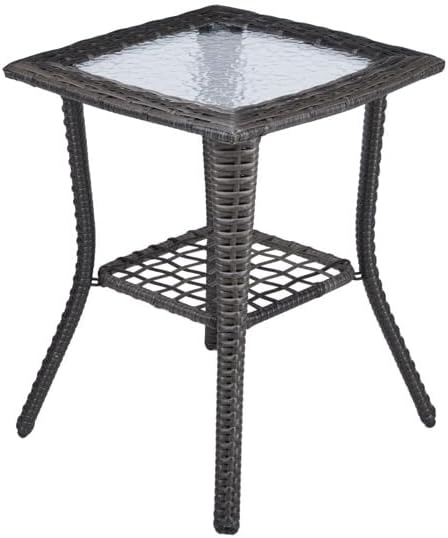 Outdoor Wicker Side Table, Rattan End with Glass Top, Patio Coffee Bistro for Indoor Garden Porch Balcony (Grey)