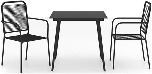 Afuera Living 3-Piece Patio Dining Set, Cotton Rope and Powder-Coated Steel, Black Finish, Tempered Glass Top, 31.5 x 31.5 x 29.1 in, Modern Indoor/Outdoor Design, Includes 2 Chairs and Square Table