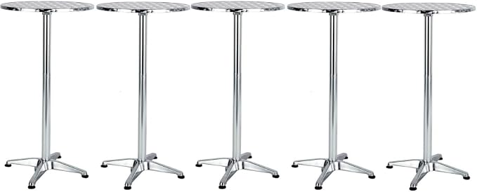 BTEXPERT Set of 5 – 45" Bar Height Round Flip-Top Aluminum Tables with 23.75" Stainless Steel Surface, Commercial-Grade Indoor/Outdoor Furniture for Restaurants, Cafés & Patios, 25.75" Base