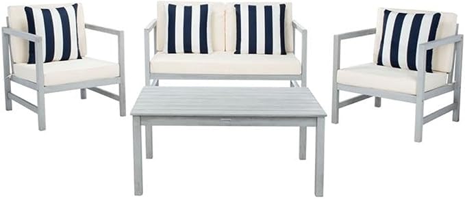 SAFAVIEH Outdoor Collection Montez Grey / Beige Cushions/ Striped Pillows 4-Piece Conversation Patio Set