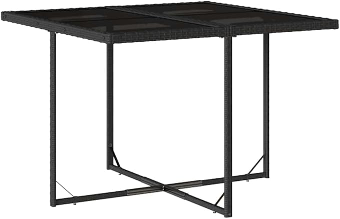 5 Piece Patio Dining Set with Cushions Black Poly Rattan Outdoor Furniture Table and 4 Chairs for Garden Backyard Deck Space Saving Foldable Tempered Glass Top UV Proof